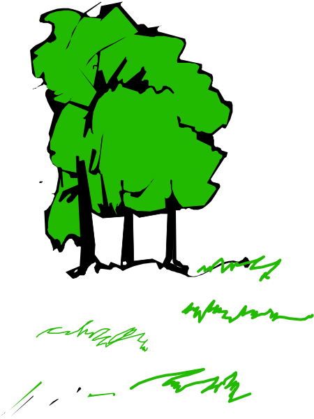 The black and white illustration shows a tree with green leaves on top of it against a dark background.