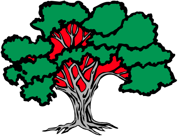 The image shows a stylized tree with red leaves on its branches against a black background; it is set within an oval border that has a white outline.
