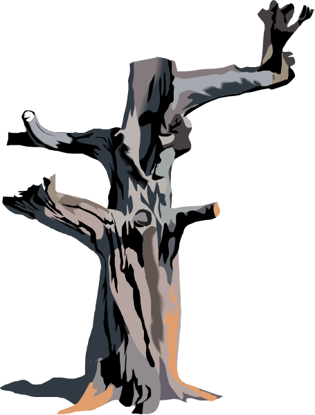 The image shows a black and white illustration of an animated tree with humanoid features standing upright on two legs like a cross in front of it against a dark background.