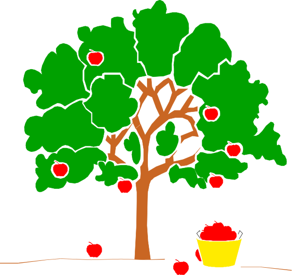 The image shows a cartoon of an apple tree with red apples on it next to two yellow bowls filled with more fruit in front of them; there is also a small figure standing near the base of the tree, and behind this scene stands another smaller tree bearing green leaves under which sits one bowl.