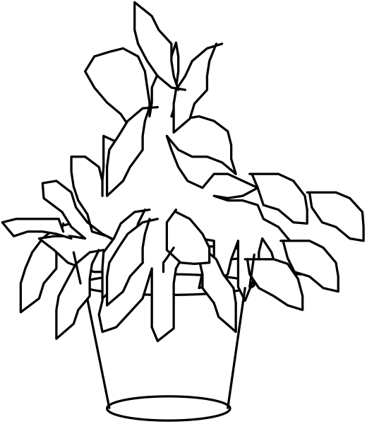 The black and white silhouette of a potted plant with leaves on it against an oval background.
