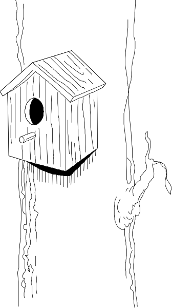 The black and white illustration shows a birdhouse on top of a tree trunk with an owl inside it peeking out through two small holes in its front wall.