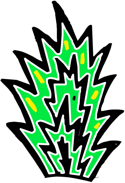 The image shows a green explosion with yellow sparks against a black background.