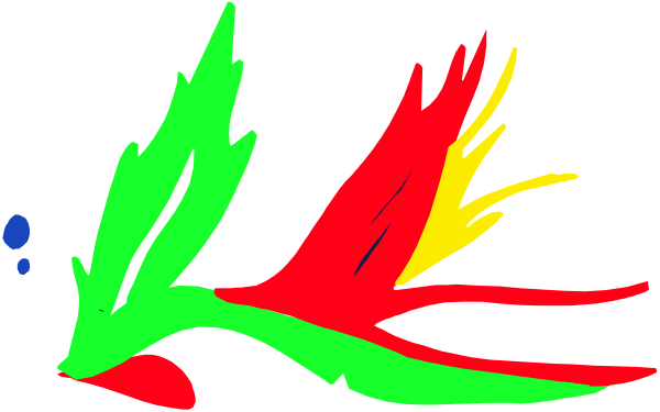 The image shows a colorful abstract design resembling an animal with multiple limbs extending outward from its body; it is set against a dark background that contrasts sharply with the vibrant hues of the artwork, which includes red and yellow tones along with hints of green and blue.