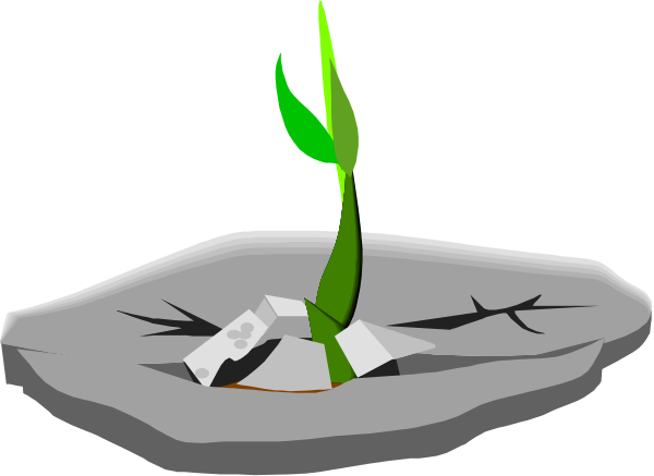 The image shows a cartoon depiction of an island with two pieces missing from its surface, revealing what appears to be water underneath; on top is a small plant sprouting in one piece that has been left intact.