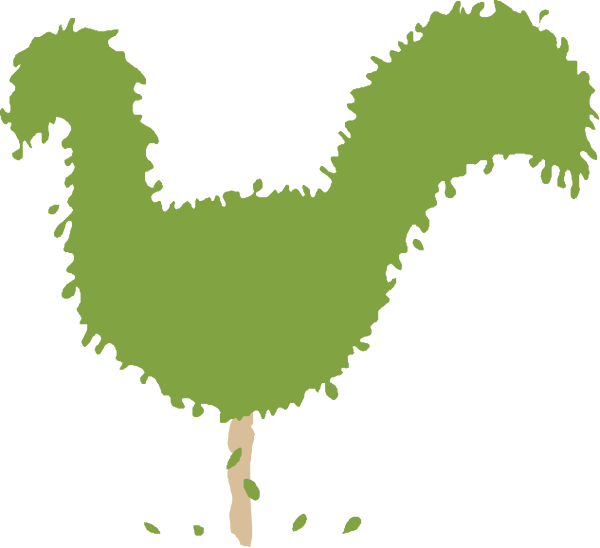 The image shows a stylized illustration of an abstract tree with green leaves on its branches against a black background.