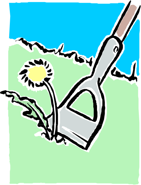 The picture shows a cartoon of an open trowel with dirt being dug out by it on top of grassy ground next to a yellow flower in full bloom under clear blue skies.