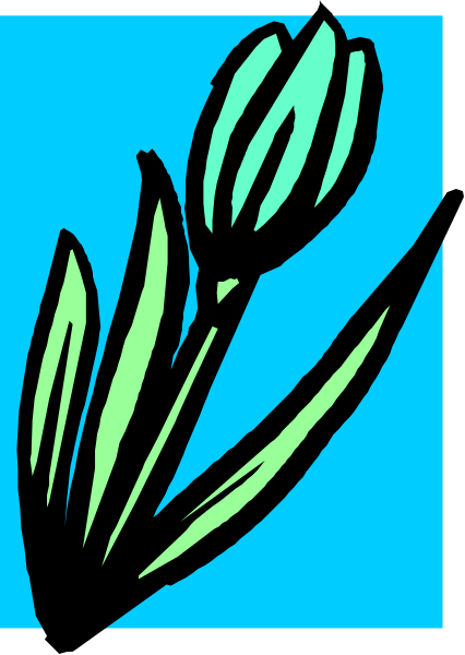 The image shows a blue background with an illustration of a single green flower on it.