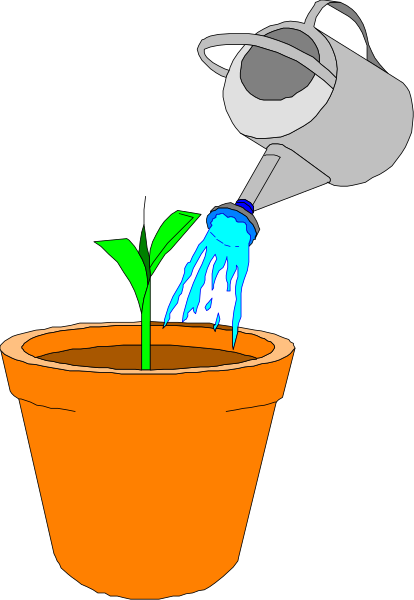 The image shows a cartoon of an orange pot with watering can sprinkling on it to grow plants inside; there's also a small plant growing in one corner of the pot.