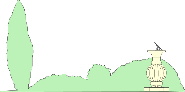 The image shows a black and white illustration of an outdoor scene with trees on either side leading to what appears to be a building in the background; there is no text present within this small clip-art image, which focuses solely on depicting elements from nature and architecture without any human or animal figures.