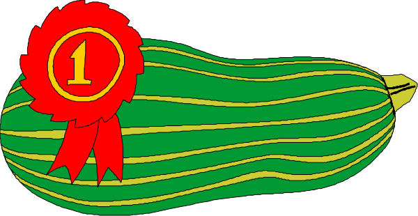 The image shows a cartoon of two cucumbers with ribbons on them; there's also an award medal in between labeled "1st" indicating first place victory for one of the cucumber, and another red ribbon behind it that says 2nd prize. There is no text or action depicted within this image. The setting appears to be a simple background with two identical green cucumbers placed side by side on what looks like an award stand. This clip-art style illustration does not depict any people, animals, actions, nor specific details about