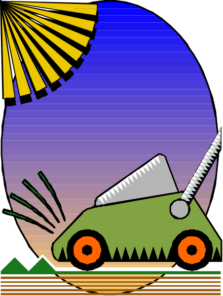 The image features a cartoon depiction of an excavator with its arm extended towards a truck parked on grassy ground under what appears to be a sunset sky.
