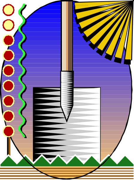 The image shows a stylized illustration of an industrial wind turbine with three blades against a sunset background featuring warm hues in shades of orange, yellow, purple, blue, green, red and black lines representing rays from the setting or rising sun on either side.