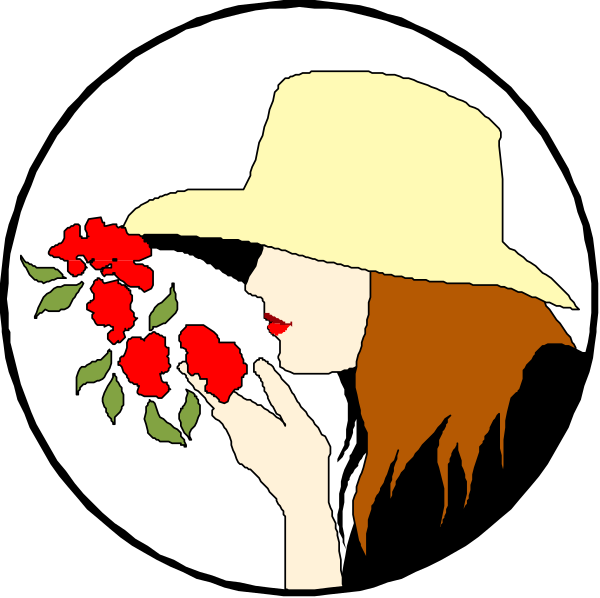 The illustration shows a woman wearing a straw hat holding red flowers to her nose with an expression of delight on her face against a black background.