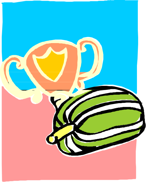 The image shows a cartoon of an award trophy with two watermelons on either side; there is also a melon in front of it that has been cut open to reveal its flesh inside.