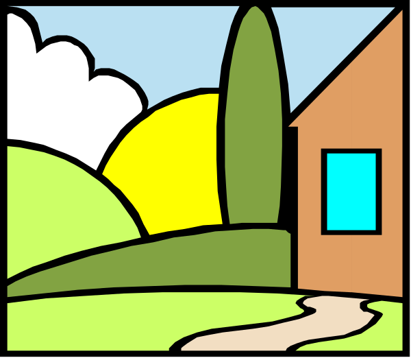The image shows a colorful cartoon of an open door leading to a house with green grass around it under a blue sky in what appears to be springtime.