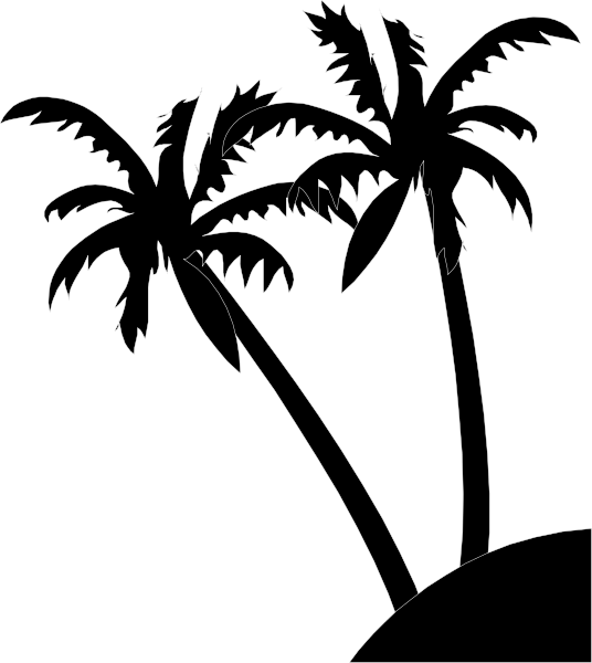 The black and white line drawing shows a palm tree with multiple fronds on top of it against an evening sky background.