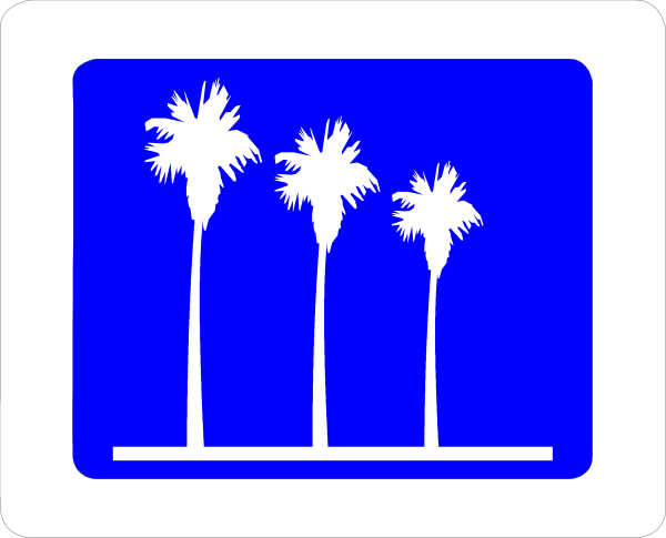 The image shows a blue sign with white text that reads "PALM TREES" on top of an icon depicting palm trees against a sunset background in front of mountains under clear skies, and below it is another smaller graphic showing three stylized palms next to each other.