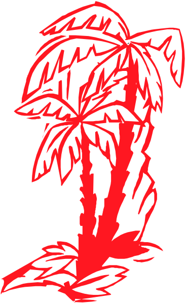 The image shows a red palm tree with green leaves against an unidentified background.