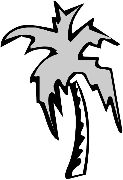 The black and white silhouette of a palm tree with drooping leaves on top against a striped background.