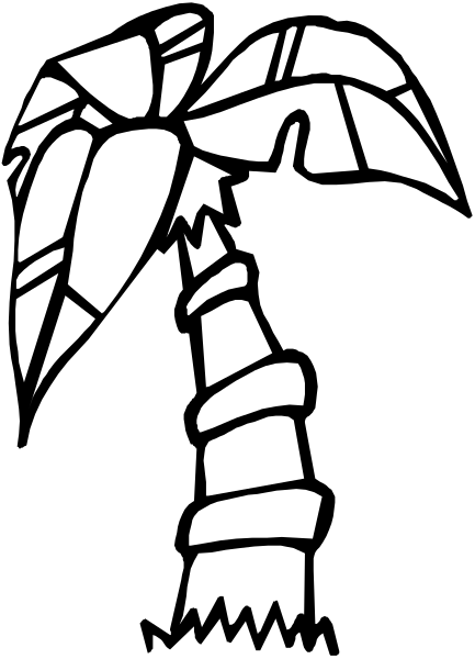 The black and white illustration features a palm tree with multiple leaves on top of it against an unidentified background.