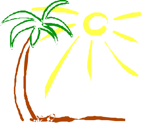 The image shows a simple drawing of an island with palm trees under a sunset sky at nighttime.