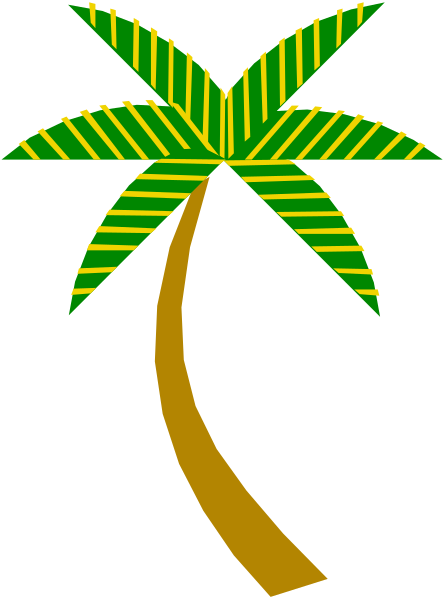The image shows a stylized palm tree with stripes on its trunk against a dark background.