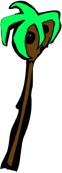 The image shows a green palm tree with brown trunk against a grey background on left side of photo; right side is black-and-white showing an object that resembles a stick person holding something small in hand, but details obscured by resolution and angle.