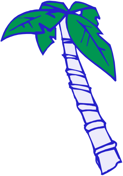 The image shows a cartoon palm tree with green leaves on top of it against a white background.