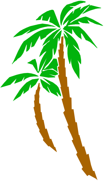 The image shows a palm tree with green leaves against a black background on the left side of an illustration that resembles bamboo stalks in brown tones to its right.