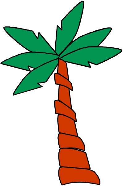 The picture shows a palm tree with red rocks at its base against a black background.