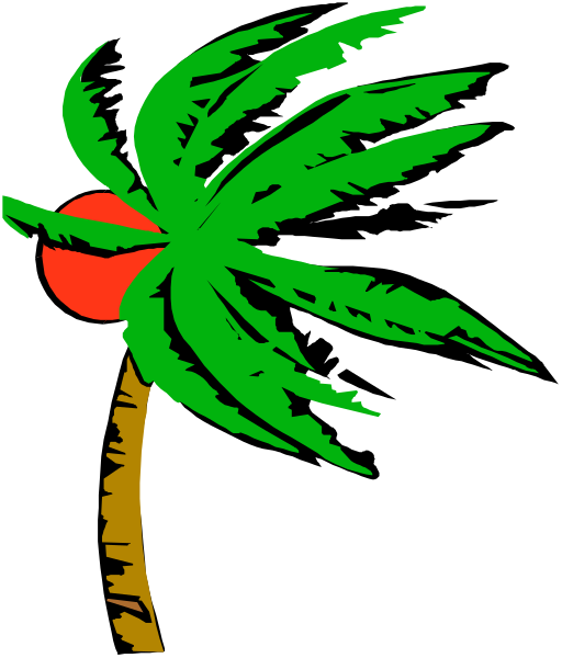 The image shows a stylized palm tree with green leaves against a black background on top of what appears to be an island-shaped object in red coloring at its base.