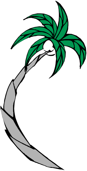 The image shows a black and white graphic of an open palm tree with green leaves against a dark background on its left side.