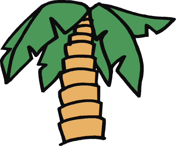 The image shows a cartoon of two palm trees with coconuts on top against an orange background.