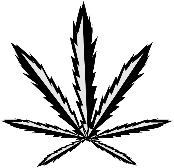 The black and white silhouette of a cannabis leaf with six points radiating from its center.
