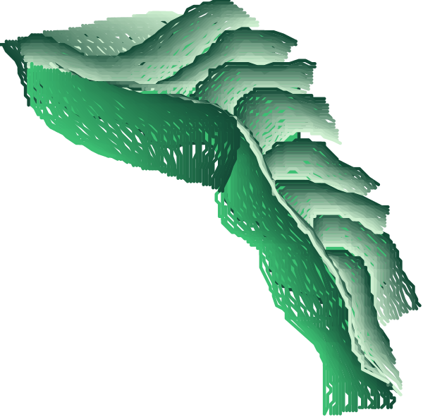 The image shows a stylized representation of two leaves with veins that resemble mountains against a dark background.