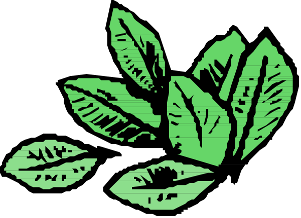 The image shows a black and white illustration of three leaves with veins visible against a dark background on the left side; there is no text present in this clip-art piece.
