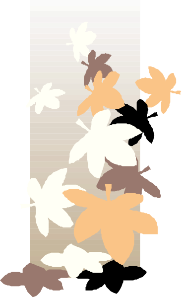 The image shows a vertical strip of autumn leaves with butterflies on either side against an abstract background that resembles watercolor painting.