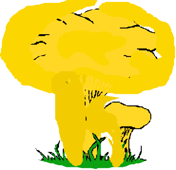The image shows a cartoon depiction of an atomic mushroom cloud with two characters standing at its base: on the left is a small white figure that appears to be humanoid but has no face; on the right, there's another character resembling a sheep or lamb in profile. They are both under what seems like a large tree branch above them and behind which they stand partially hidden from view. The background of this scene features grassy ground with some green vegetation visible at bottom left corner.