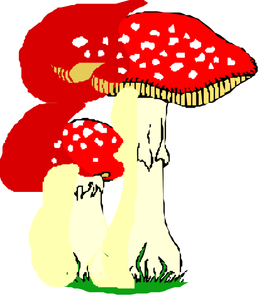 The image shows a cartoon illustration of two mushrooms with red caps standing upright next to each other on what appears to be grassy ground against an indistinct background.