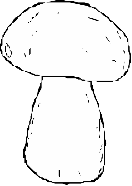 The black and white line drawing shows a mushroom with an upright stem that has been cut off at both ends to resemble a human figure standing on its head.