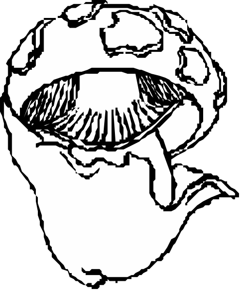 The black and white illustration shows a mushroom with an open cap revealing its gills inside it against a dark background.