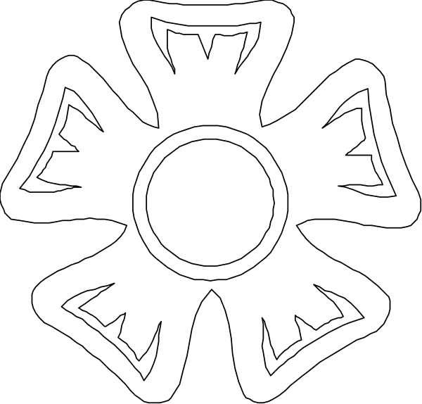 The black and white illustration shows a stylized cross with intricate patterns around it on what appears to be an emblematic background.