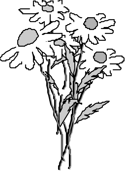 The black and white illustration shows a bouquet of daisies with green stems placed on top of each other in an upright position against a dark background.