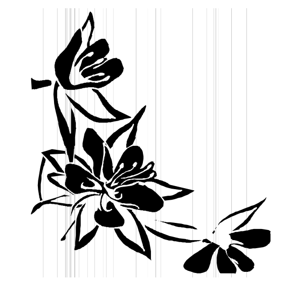 The black and white illustration features a floral design with leaves on either side of two flowers at their center, resembling an artistic representation rather than realistic depiction.
