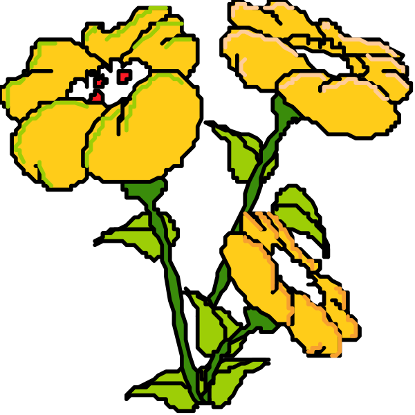 The image shows three yellow flowers with green stems against a black background.