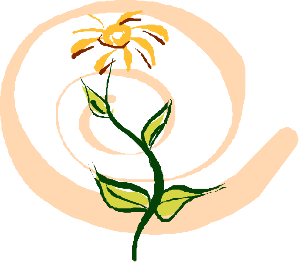 The image shows a stylized illustration of an eye with eyelashes on its left side, containing two irises that resemble eyes looking at each other; in between them is a small yellow flower stemmed from what appears to be a leaf-like shape below it.