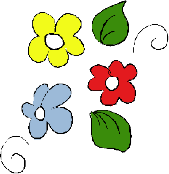 The image shows four flowers with different colored petals: blue, yellow, red, and white; each flower has a green leaf attached to it at its base.
