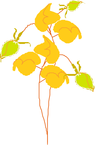 The image shows a stylized illustration of yellow flowers with green leaves on long stalks against a dark background.