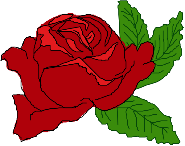 The image shows a red rose with green leaves on it against a black background.